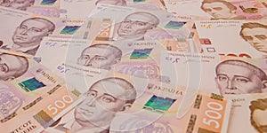 Background with new Banknotes Ukrainian Hryvnia. Inflation, business. econimics and finance theme