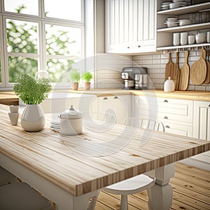 Background of new modern interior of small cozy light kitchen. Design of white clean room with wooden table. Generative