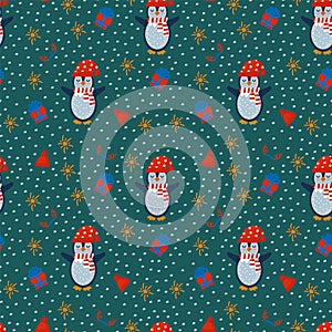 Background of New Year Penguins. Cartoon festive doodle pattern with animals. Winter cute bird in a textile hat.