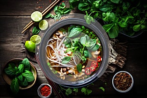 background noodle food bowl meal vegetable soup asian black hot japanese. Generative AI.
