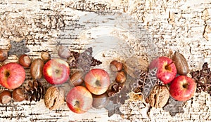 Background with nuts and apples