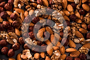 Background of nuts. Mix of hazelnut, walnut, almonds