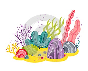 Background with ocean bottom, corals reefs, seaweed. Vector abstract illustration of an underwater landscape in a