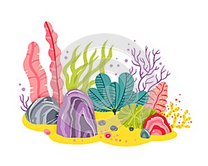 Background with ocean bottom, corals reefs, seaweed. Vector abstract illustration of an underwater landscape in a