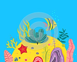 Background with ocean bottom, corals reefs, seaweed. Vector abstract illustration of an underwater landscape in a