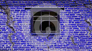 Background of an old brick house with a wooden window. The wall is brick blue with cracks and a window