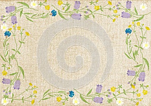 Background old canvas with frame of wildflowers. vector illustration