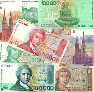 Background of old Croatia kuna money bills photo