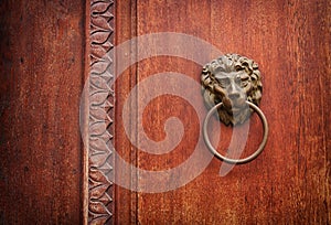 background of old grunge, medieval wooden texture. part of antique old door with iron antique knob