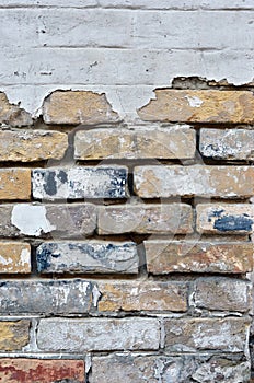 Background old masonry of red brick. Plaster, concrete, cement. Cracks, peeling, voids. Close-up photo