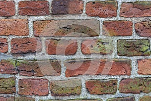 Background old masonry of red brick. Plaster, concrete, cement. Cracks, peeling, voids. Close-up photo