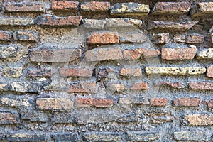 Background old masonry of red brick. Plaster, concrete, cement. Cracks, peeling, voids. Close-up photo