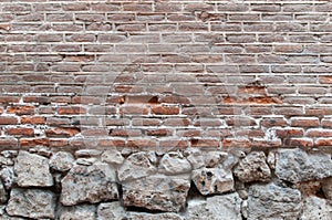 Background old real texture of a red brick wall with some stones