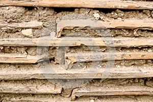 Background of old tiles with cement mortar, close-up, side view