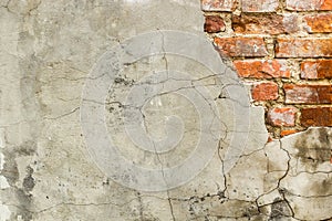 Background of old vintage brick wall with concrete,Weathered texture of racked concrete vintage brick wall background