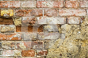 Background of old vintage brick wall with concrete,Weathered texture of racked concrete vintage brick wall background