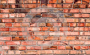 Background of old vintage brick wall. Red brick texture. Brick wall of red and brown bricks.