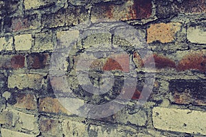 Background of old vintage dirty brick wall with peeling plaster, texture