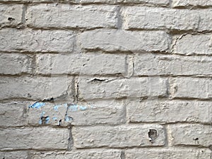 Background of old vintage dirty brick wall with peeling plaster, texture. Old multi colored brick wall