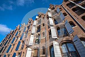 Background of Old Warehouses in Amsterdam, Netherlands