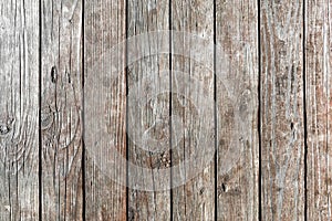 Background of old, weathered, dried-up, vertical wooden planks with deep cracks and knots. intricate pattern. Texture of wood.