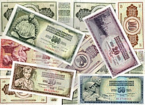 Background of old Yugoslavian dinar banknotes