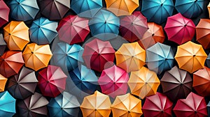 A background of open wet colorful umbrellas in the rain.