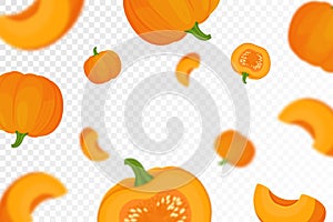 Background of orange autumn pumpkins with defocused blur effect for Harvest festival or Thanksgiving day. Pumpkins of different