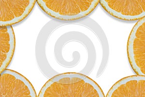 Background with oranges cut into pieces. Close-up texture. Copy space photo