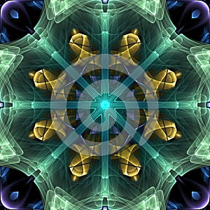 Background Ornament symmetrical abstract, Kaleidoscope digital illustration Multicolored with glowing lines sci fi or fantasy