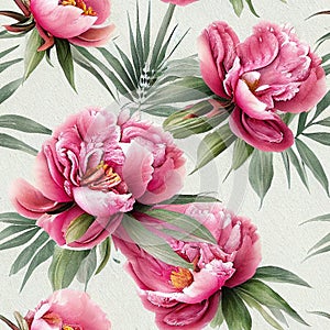 background with painted beautiful peonyes. Watercolor floral seamless pattern