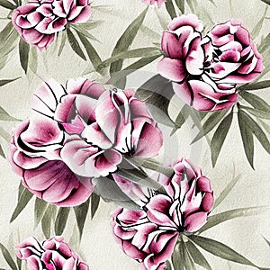 background with painted beautiful peonyes. Watercolor floral seamless pattern