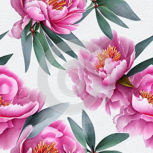 background with painted beautiful peonyes. Watercolor floral seamless pattern