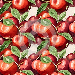 background with painted ripe cherries. Watercolor floral seamless pattern