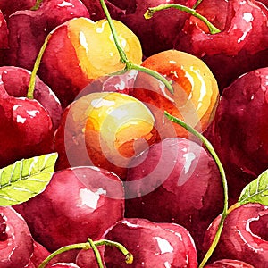 background with painted ripe cherries. Watercolor floral seamless pattern