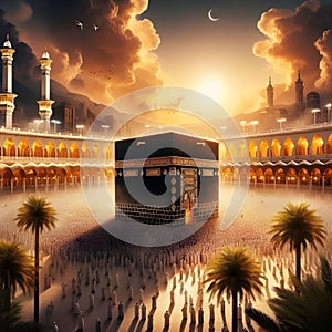 Background painting sunset mosque alharam kabah mekkah Eid Aladha Mubarak ai generator photo
