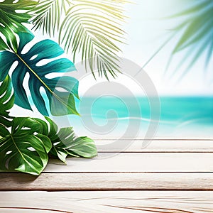 Background with Palm Leaves and Sea, Generative AI