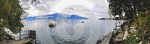 Background panorama view of Lake Geneva, Lake Leman, from the Montreux embankment