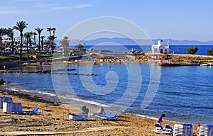 Background panoramic view of the bay of the Mediterranean Sea and Kalamies Beach, in Pernere, near Protaras