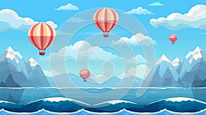 Background for a parallax game with hot air balloons flying above clouds and ocean. 2D landscape scene with layered