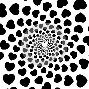 Background, pattern, black and white spiral pattern. Round centered Halftone illustration. Heart, rotation, rotation