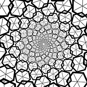 Background, pattern, black and white spiral pattern. Round centered Halftone illustration. Hexagon, honeycomb, honey, center