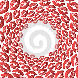Background, pattern, black and white spiral pattern. Round centered Halftone illustration. Lips, kiss, red, lipstick