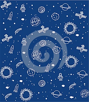 Background with a pattern on a blue background cosmos rocket planets and satellite