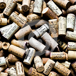 Background pattern of different wine bottle corks, winery texture, food concept and top view