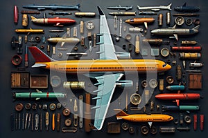 Background pattern, model of a plane surrounded by assorted tools.