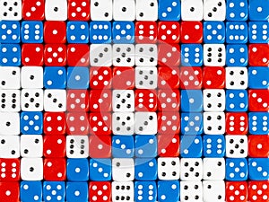 Background pattern of random ordered red, white and blue dices