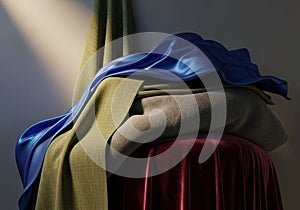 Background, a patterned tapestry with geometric designs is displayed