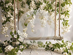 background for photograph of baby or toddler, background of swing covered with white flowers, white backdrop, for baby insertion