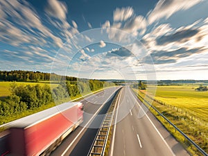 Background photograph of a highway, trucks on a highway, motion blur. Evening shot of truck doing transportation